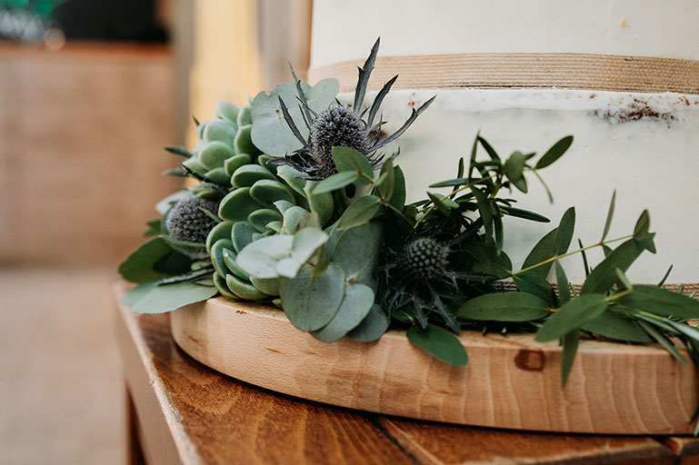 Green foliage and succulents on naked wedding cake