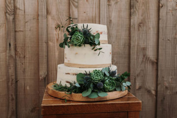 Naked wedding cake with green foliage and succulents