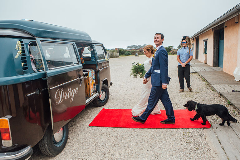 Bride and groom on red carpet with dog